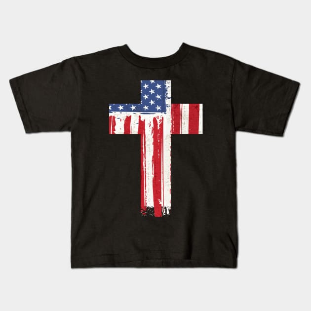 Vintage American Flag Christian Faith Cross T-Shirt Kids T-Shirt by JPDesigns